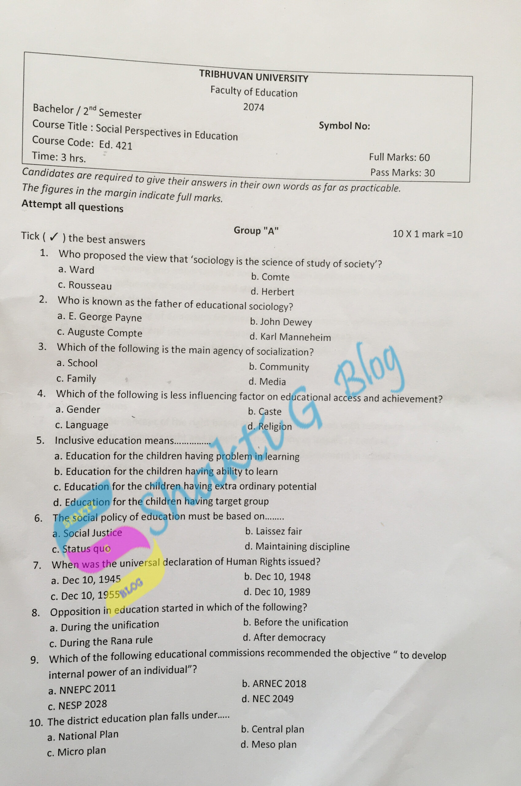 Social Perspective in Education Old Question Paper